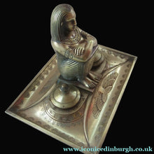 Load image into Gallery viewer, Antique Art Deco Egyptian Revival Brass Inkwell with Seated Figure and Ink Pots
