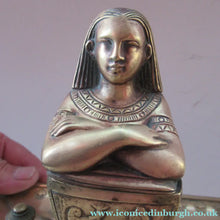 Load image into Gallery viewer, Antique Art Deco Egyptian Revival Brass Inkwell with Seated Figure and Ink Pots
