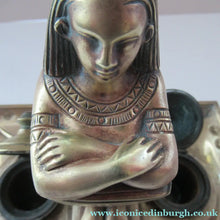 Load image into Gallery viewer, Antique Art Deco Egyptian Revival Brass Inkwell with Seated Figure and Ink Pots
