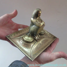 Load image into Gallery viewer, Antique Art Deco Egyptian Revival Brass Inkwell with Seated Figure and Ink Pots
