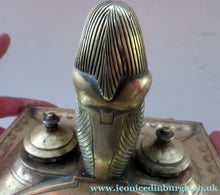 Load image into Gallery viewer, Antique Art Deco Egyptian Revival Brass Inkwell with Seated Figure and Ink Pots
