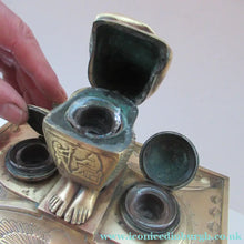 Load image into Gallery viewer, Antique Art Deco Egyptian Revival Brass Inkwell with Seated Figure and Ink Pots
