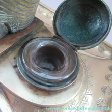 Load image into Gallery viewer, Antique Art Deco Egyptian Revival Brass Inkwell with Seated Figure and Ink Pots
