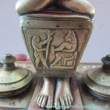 Load image into Gallery viewer, Antique Art Deco Egyptian Revival Brass Inkwell with Seated Figure and Ink Pots
