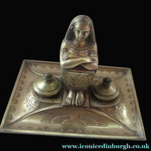 Load image into Gallery viewer, Antique Art Deco Egyptian Revival Brass Inkwell with Seated Figure and Ink Pots
