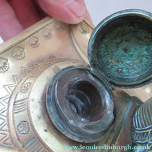 Load image into Gallery viewer, Antique Art Deco Egyptian Revival Brass Inkwell with Seated Figure and Ink Pots
