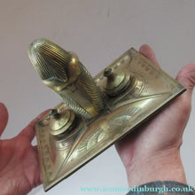 Load image into Gallery viewer, Antique Art Deco Egyptian Revival Brass Inkwell with Seated Figure and Ink Pots
