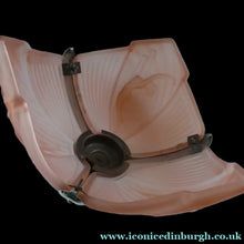 Load image into Gallery viewer, Antique ART DECO Sugar Pink Pressed Glass Pendant Lampshade with Jumping Nude Lady 
