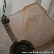 Load image into Gallery viewer, Antique ART DECO Sugar Pink Pressed Glass Pendant Lampshade with Jumping Nude Lady 
