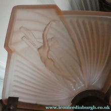 Load image into Gallery viewer, Antique ART DECO Sugar Pink Pressed Glass Pendant Lampshade with Jumping Nude Lady 
