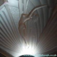 Load image into Gallery viewer, Antique ART DECO Sugar Pink Pressed Glass Pendant Lampshade with Jumping Nude Lady 
