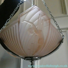 Load image into Gallery viewer, Antique ART DECO Sugar Pink Pressed Glass Pendant Lampshade with Jumping Nude Lady 
