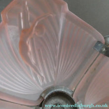 Load image into Gallery viewer, Antique ART DECO Sugar Pink Pressed Glass Pendant Lampshade with Jumping Nude Lady 
