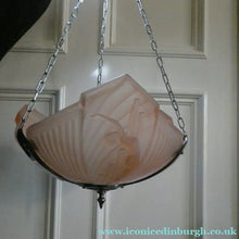 Load image into Gallery viewer, Antique ART DECO Sugar Pink Pressed Glass Pendant Lampshade with Jumping Nude Lady 
