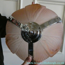 Load image into Gallery viewer, Antique ART DECO Sugar Pink Pressed Glass Pendant Lampshade with Jumping Nude Lady 
