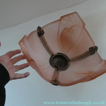 Load image into Gallery viewer, Antique ART DECO Sugar Pink Pressed Glass Pendant Lampshade with Jumping Nude Lady 
