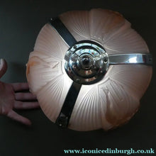 Load image into Gallery viewer, Antique ART DECO Sugar Pink Pressed Glass Pendant Lampshade with Jumping Nude Lady 
