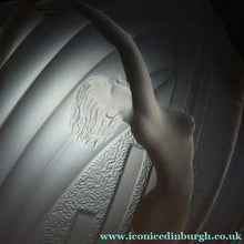 Load image into Gallery viewer, Antique ART DECO Sugar Pink Pressed Glass Pendant Lampshade with Jumping Nude Lady

