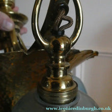 Load image into Gallery viewer, Antique ARTS AND CRAFTS Brass Chandelier Pendant Light Fitting with Three Blue Shades
