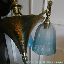 Load image into Gallery viewer, Antique ARTS AND CRAFTS Brass Chandelier Pendant Light Fitting with Three Blue Shades
