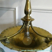 Load image into Gallery viewer, Antique ARTS AND CRAFTS Brass Chandelier Pendant Light Fitting with Three Blue Shades
