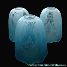 Load image into Gallery viewer, Antique ARTS AND CRAFTS Brass Chandelier Pendant Light Fitting with Three Blue Shades
