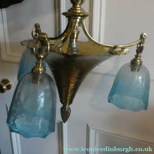 Load image into Gallery viewer, Antique ARTS AND CRAFTS Brass Chandelier Pendant Light Fitting with Three Blue Shades
