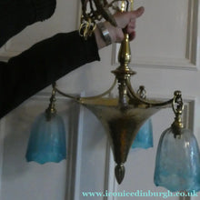 Load image into Gallery viewer, Antique ARTS AND CRAFTS Brass Chandelier Pendant Light Fitting with Three Blue Shades
