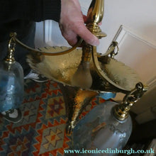 Load image into Gallery viewer, Antique ARTS AND CRAFTS Brass Chandelier Pendant Light Fitting with Three Blue Shades
