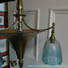Load image into Gallery viewer, Antique ARTS AND CRAFTS Brass Chandelier Pendant Light Fitting with Three Blue Shades
