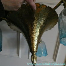 Load image into Gallery viewer, Antique ARTS AND CRAFTS Brass Chandelier Pendant Light Fitting with Three Blue Shades

