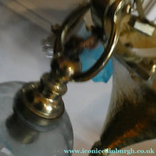 Load image into Gallery viewer, Antique ARTS AND CRAFTS Brass Chandelier Pendant Light Fitting with Three Blue Shades

