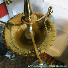 Load image into Gallery viewer, Antique ARTS AND CRAFTS Brass Chandelier Pendant Light Fitting with Three Blue Shades
