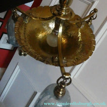 Load image into Gallery viewer, Antique ARTS AND CRAFTS Brass Chandelier Pendant Light Fitting with Three Blue Shades

