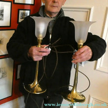 Load image into Gallery viewer, Antique Arts and Crafts Brass Lamp and Opaque White Glass Shade. DRYAD of Leicester Style
