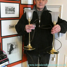 Load image into Gallery viewer, Antique Arts and Crafts Brass Lamp and Opaque White Glass Shade. DRYAD of Leicester Style

