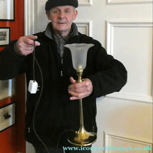 Load image into Gallery viewer, Antique Arts and Crafts Brass Lamp and Opaque White Glass Shade. DRYAD of Leicester Style
