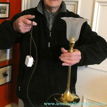 Load image into Gallery viewer, Antique Arts and Crafts Brass Lamp and Opaque White Glass Shade. DRYAD of Leicester Style
