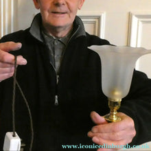 Load image into Gallery viewer, Antique Arts and Crafts Brass Lamp and Opaque White Glass Shade. DRYAD of Leicester Style
