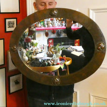 Load image into Gallery viewer, ARTS AND CRAFTS Oval LIBERTY Copper Mirror with Four Roundels. Liberty Plaque 
