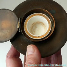 Load image into Gallery viewer, Antique Arts &amp; Crafts Copper Ink Well with Ruskin Ceramic Roundel. Original Ceramic Well
