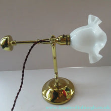 Load image into Gallery viewer, Antique Brass Desk or Gimbal Lamp with White Opaque Milk Glass Frilled Shade
