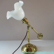 Load image into Gallery viewer, Antique Brass Desk or Gimbal Lamp with White Opaque Milk Glass Frilled Shade
