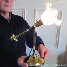 Load image into Gallery viewer, Antique Brass Desk or Gimbal Lamp with White Opaque Milk Glass Frilled Shade
