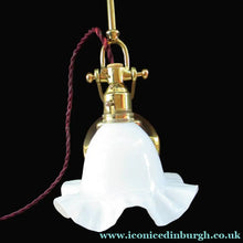 Load image into Gallery viewer, Antique Brass Desk or Gimbal Lamp with White Opaque Milk Glass Frilled Shade
