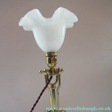 Load image into Gallery viewer, Antique Brass Desk or Gimbal Lamp with White Opaque Milk Glass Frilled Shade
