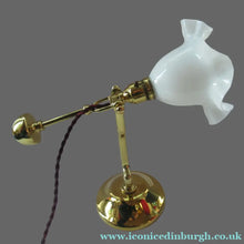 Load image into Gallery viewer, Antique Brass Desk or Gimbal Lamp with White Opaque Milk Glass Frilled Shade
