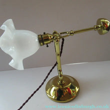 Load image into Gallery viewer, Antique Brass Desk or Gimbal Lamp with White Opaque Milk Glass Frilled Shade
