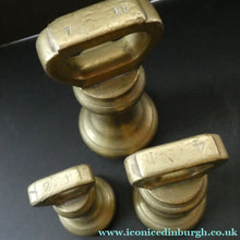 Load image into Gallery viewer, Three Antique Bell Shape Brass Weights Pooley of Liverpool 7lbs. 4lbs, 2lbs
