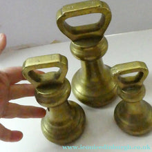 Load image into Gallery viewer, Three Antique Bell Shape Brass Weights Pooley of Liverpool 7lbs. 4lbs, 2lbs
